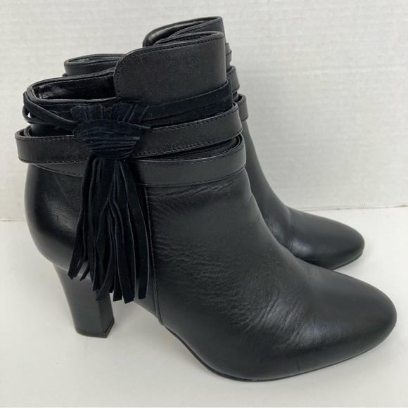 Lauren Ralph Lauren Belcia Black Leather Heeled Bootie Fringe Tassel Detail Sz 6 - Picture 1 of 16